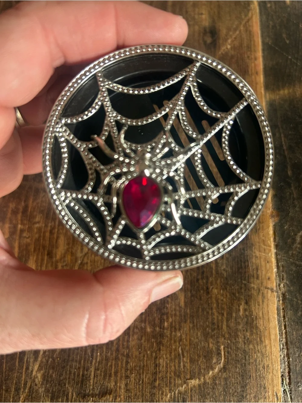 Bath & Body Works Black and Silver Spiderweb Decorative Tin with Red Gem